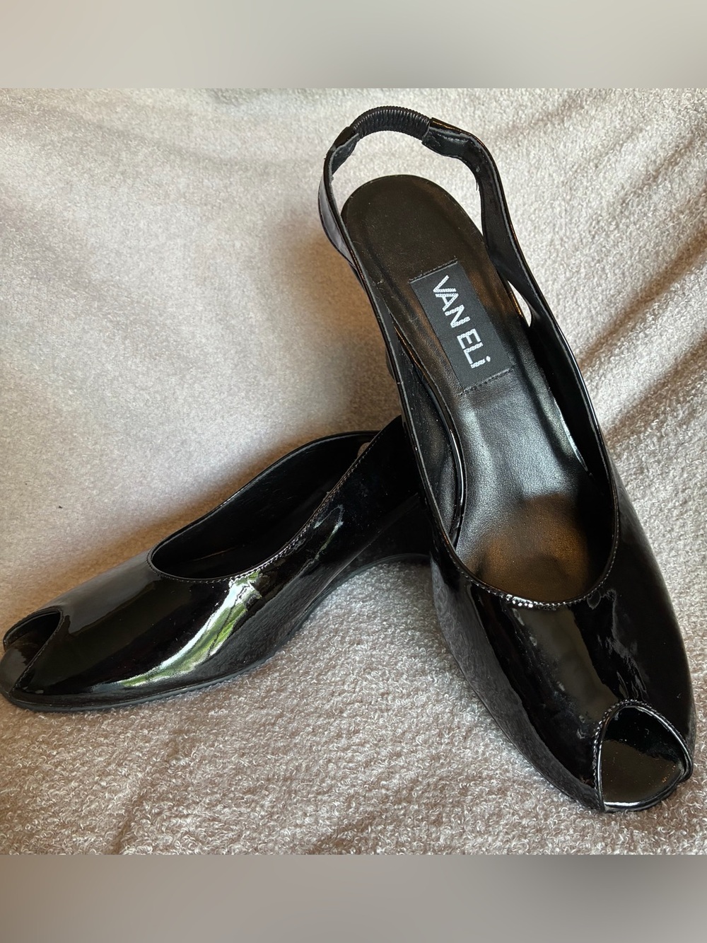 Vaneli Black Patent Peep-Toe Slingback Heels
